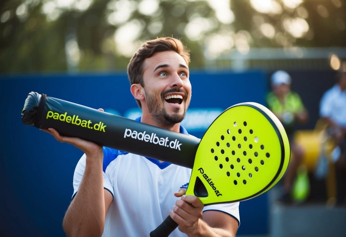 En sportsentusiast pakker et padelbat ud fra padelbat dk øjne lyser op af begejstring